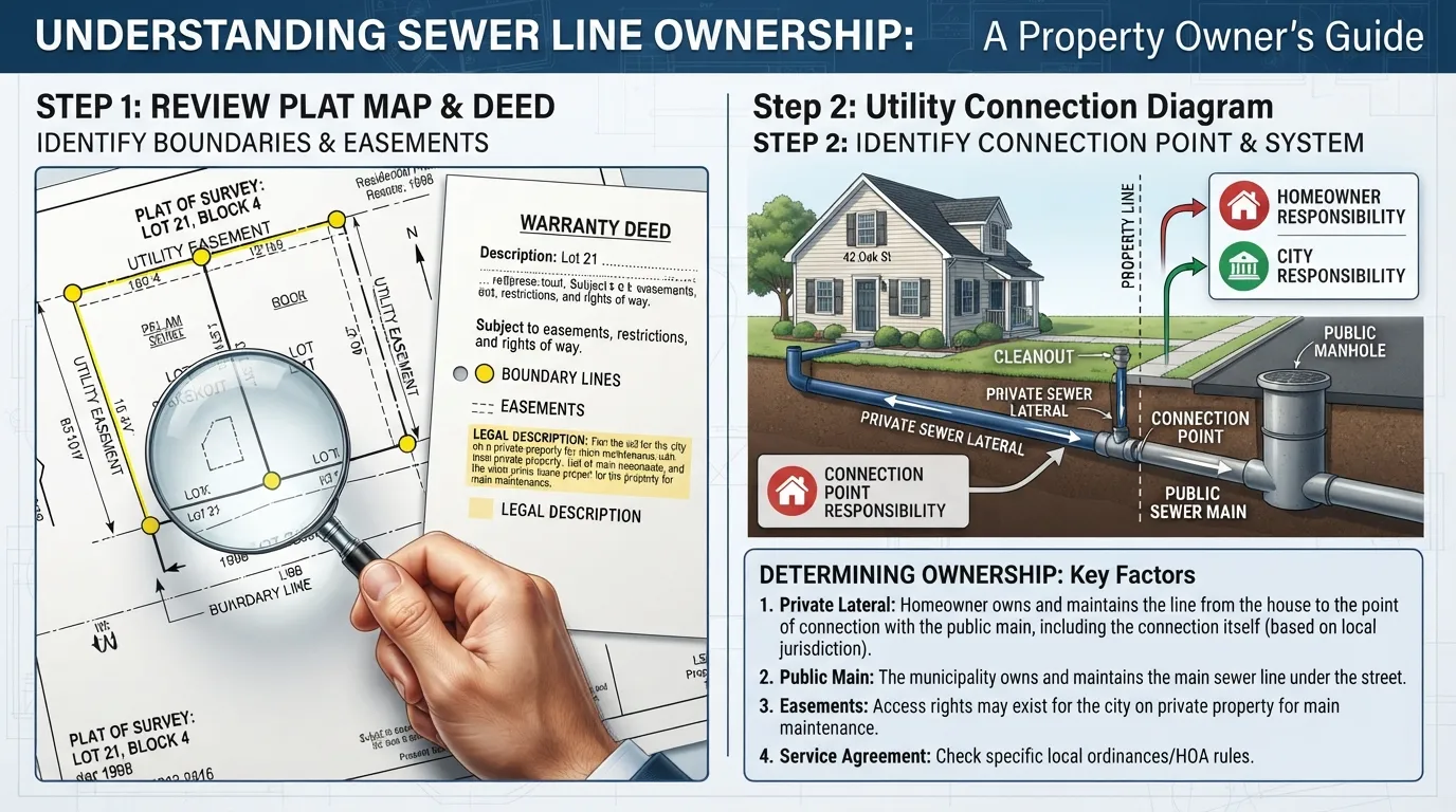 A homeowner reviewing a property deed and municipal utility map to determine sewer line ownership and responsibility.