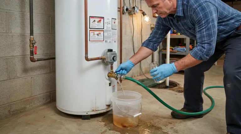 Plumber safely flushing a residential tank water heater by connecting a garden hose to the drain valve to clear sediment buildup.