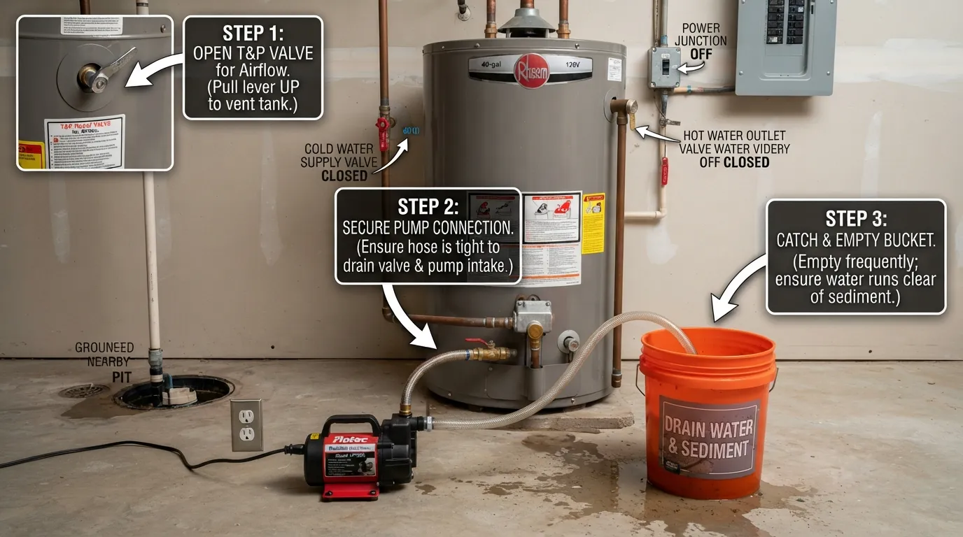 A person using a bucket, a submersible pump, and short hoses to drain a water heater tank indoors without a standard garden hose.