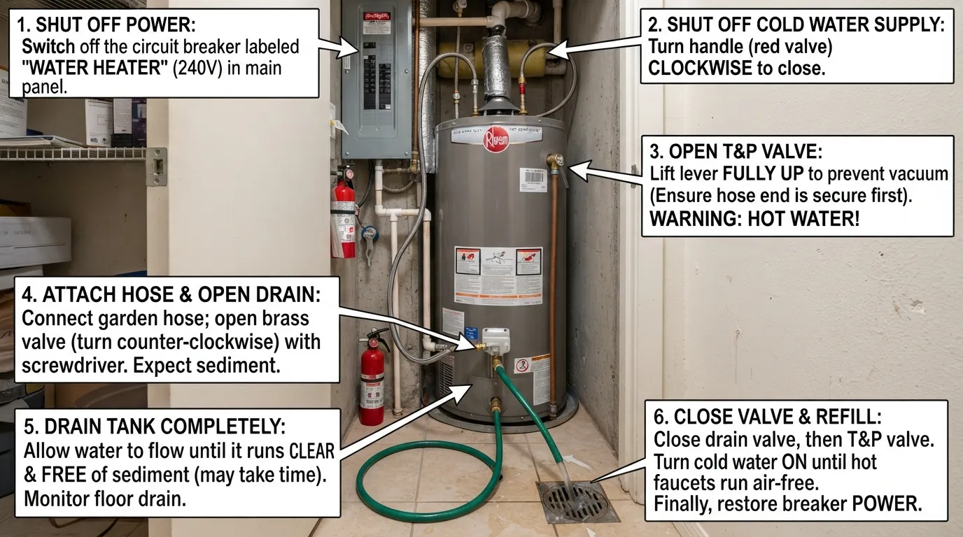 Step-by-step infographic showing a garden hose connected to an apartment water heater drain valve to flush out sediment.