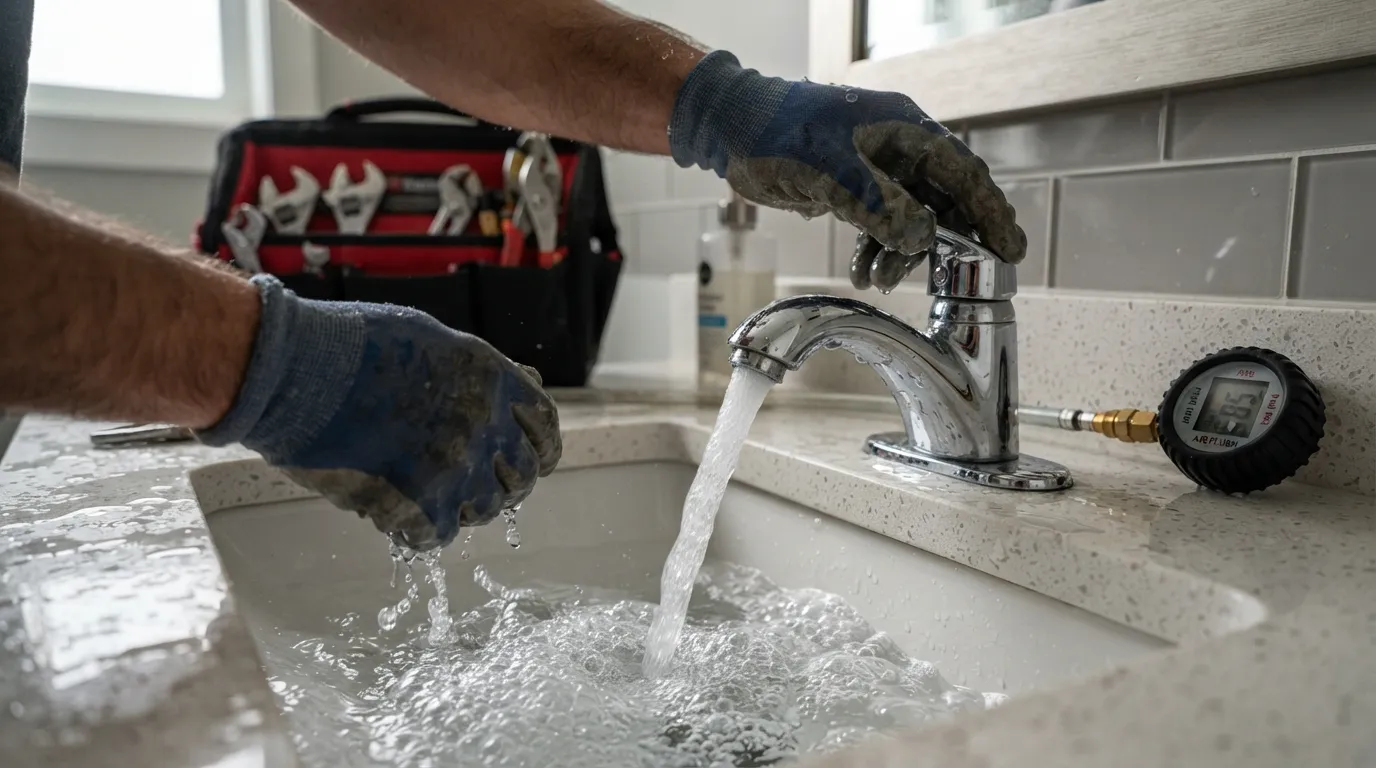 A person opening a bathroom faucet to bleed trapped air from home plumbing lines during a DIY repair.