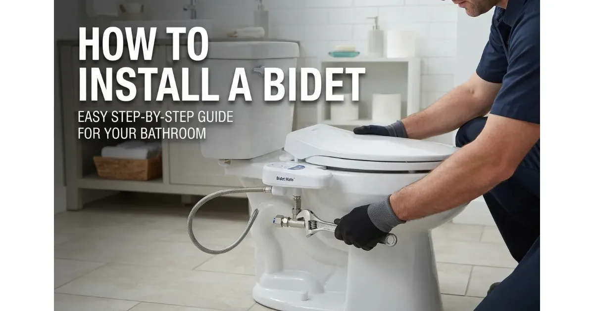 Plumber installing a bidet on a modern toilet bowl in a clean bathroom