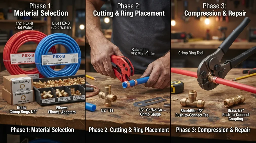 Plumber's hands using a PEX crimp tool to connect red and blue PEX tubing with brass fittings on a workshop table.