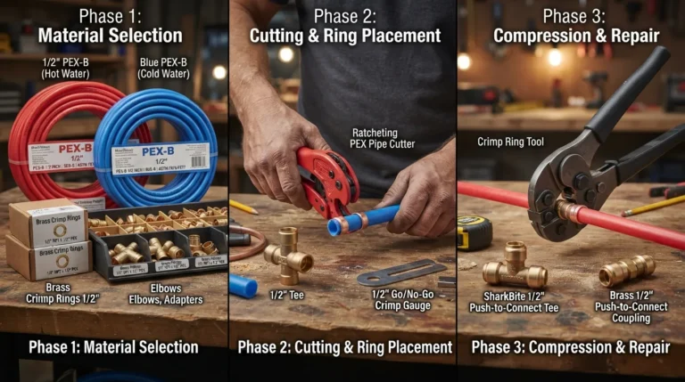Plumber's hands using a PEX crimp tool to connect red and blue PEX tubing with brass fittings on a workshop table.