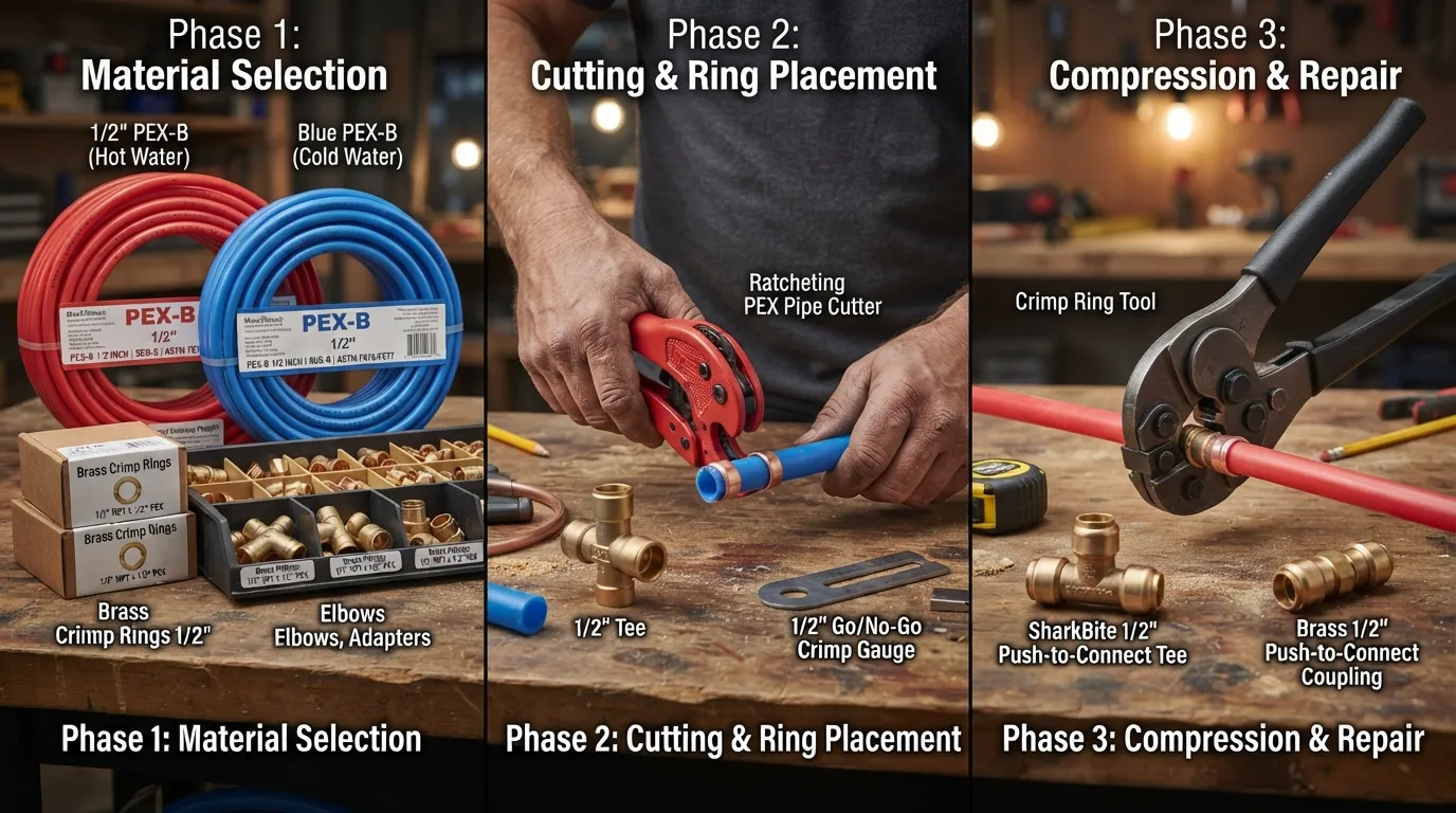Plumber's hands using a PEX crimp tool to connect red and blue PEX tubing with brass fittings on a workshop table.