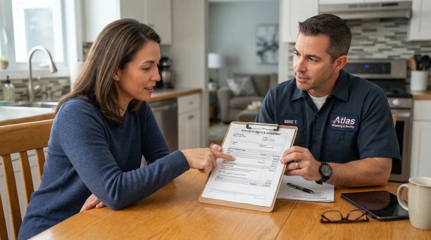 Homeowner discussing plumbing estimates and rates with a professional plumber at a kitchen counter, showing practical negotiation tips in action.