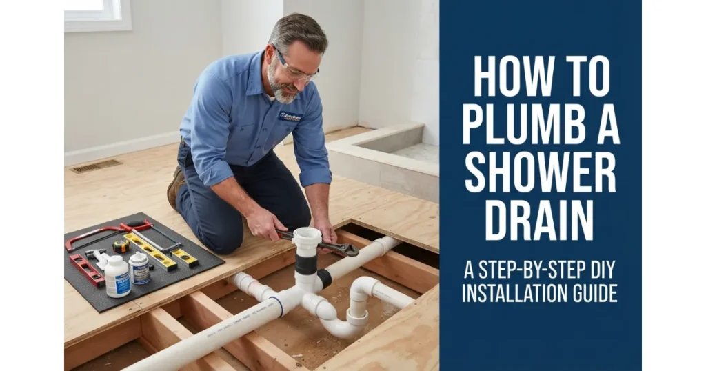A professional plumber installing and securing a PVC shower drain assembly into a bathroom subfloor