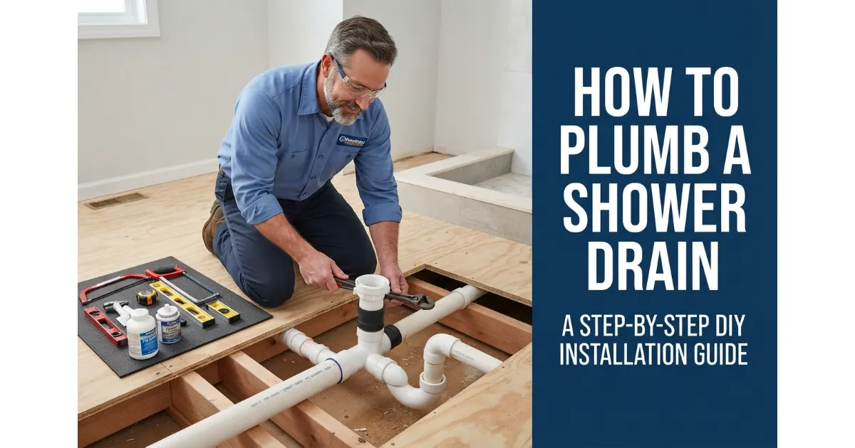 A professional plumber installing and securing a PVC shower drain assembly into a bathroom subfloor