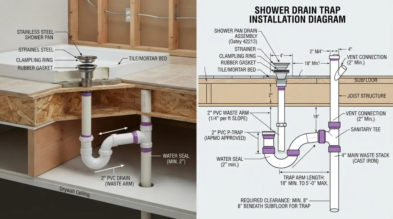 Cutaway and assembly view of a shower drain trap showing the P-trap connection, waste pipe, and proper water seal slope for plumbing installation.