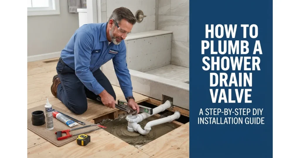 A professional plumber installing and adjusting a PVC shower drain valve with a wrench during a bathroom renovation
