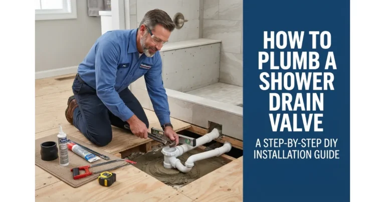 A professional plumber installing and adjusting a PVC shower drain valve with a wrench during a bathroom renovation