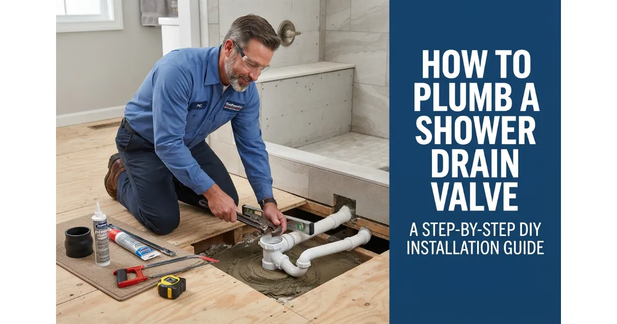 A professional plumber installing and adjusting a PVC shower drain valve with a wrench during a bathroom renovation