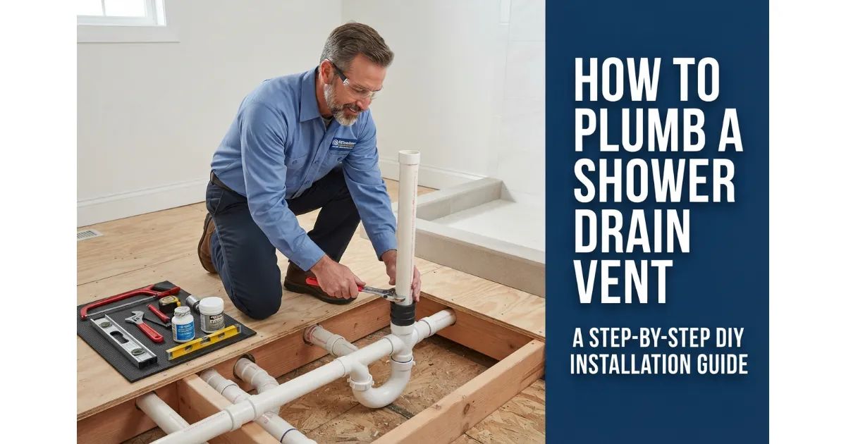 A professional plumber kneeling on a subfloor and connecting PVC pipes for a shower drain vent system