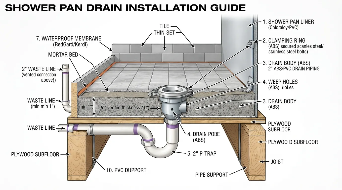 Step-by-step visual of plumbing a shower pan, showing the drain connection, trap, and subfloor preparation.