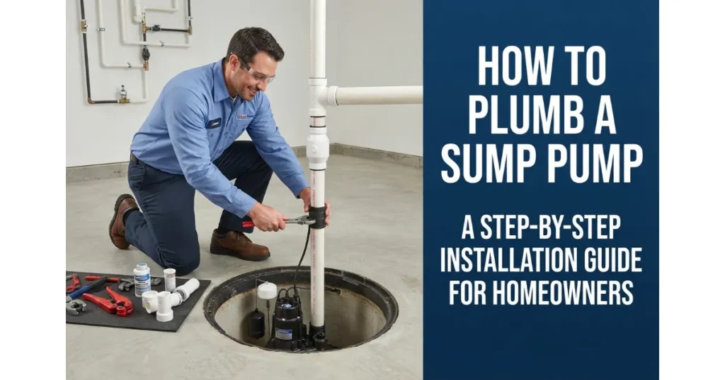 A professional plumber installing and connecting PVC discharge pipes for a basement sump pump system.