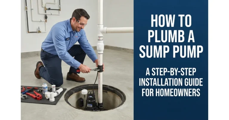 A professional plumber installing and connecting PVC discharge pipes for a basement sump pump system.