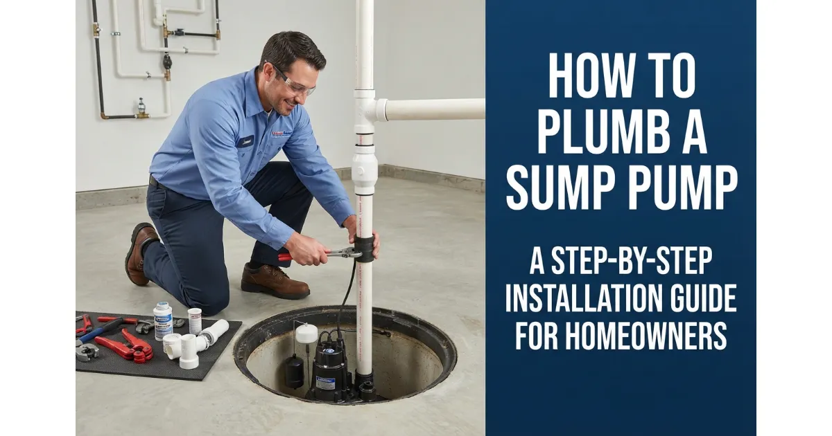 A professional plumber installing and connecting PVC discharge pipes for a basement sump pump system.