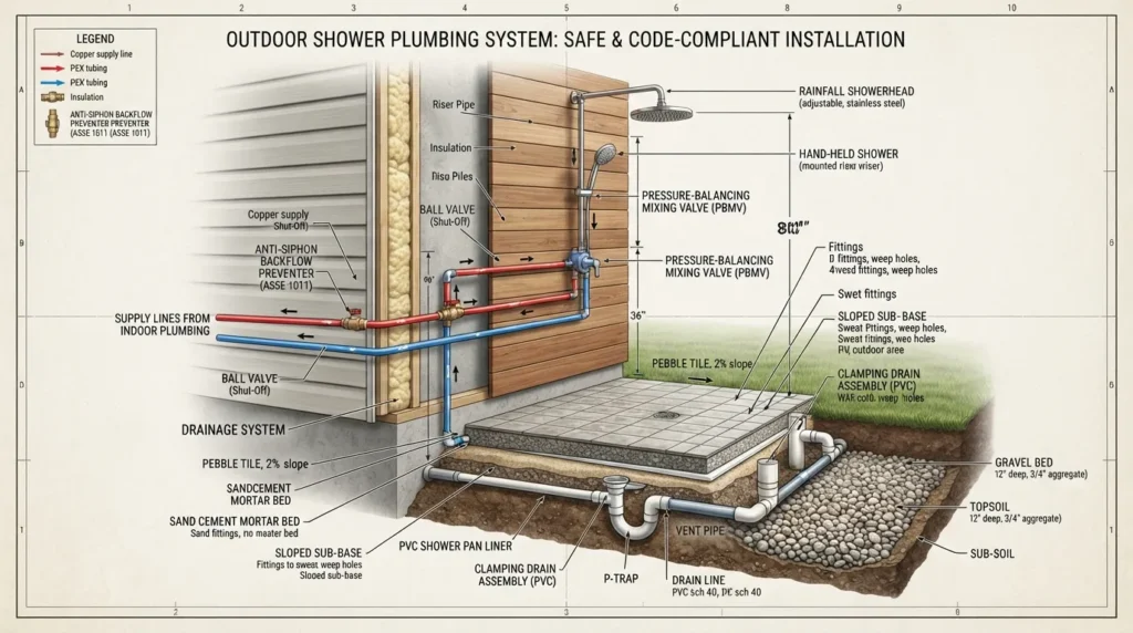 DIY plumbing diagram showing water supply lines, shut-off valves, mixing valve, and drainage for an outdoor shower installation.