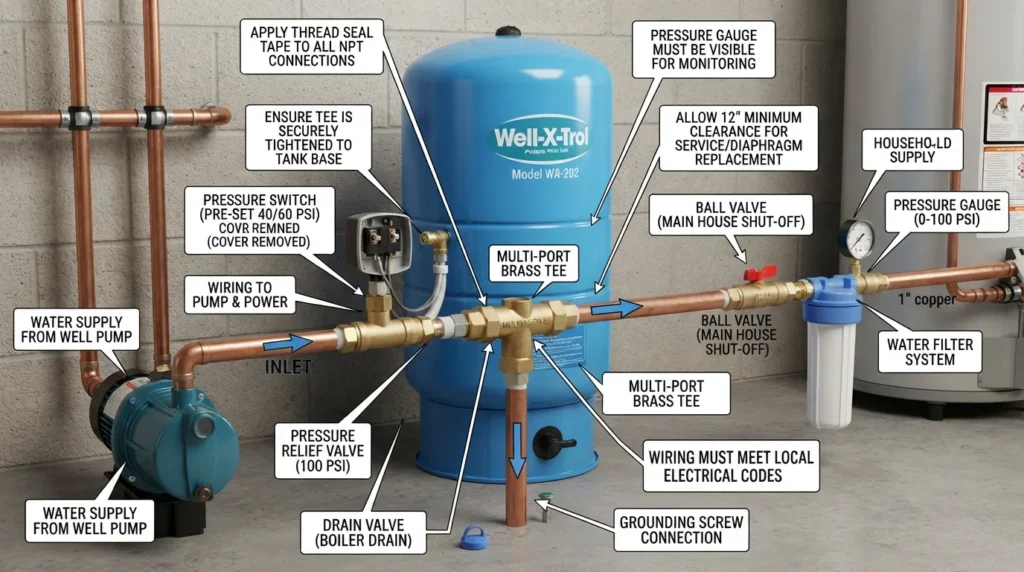 Step-by-step plumbing diagram showing how to connect a water pressure tank to a well pump, pressure switch, tee fitting, and main water supply line.
