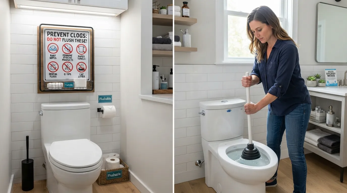 A plumber demonstrating safe items to flush and preventative maintenance tips next to a residential toilet.