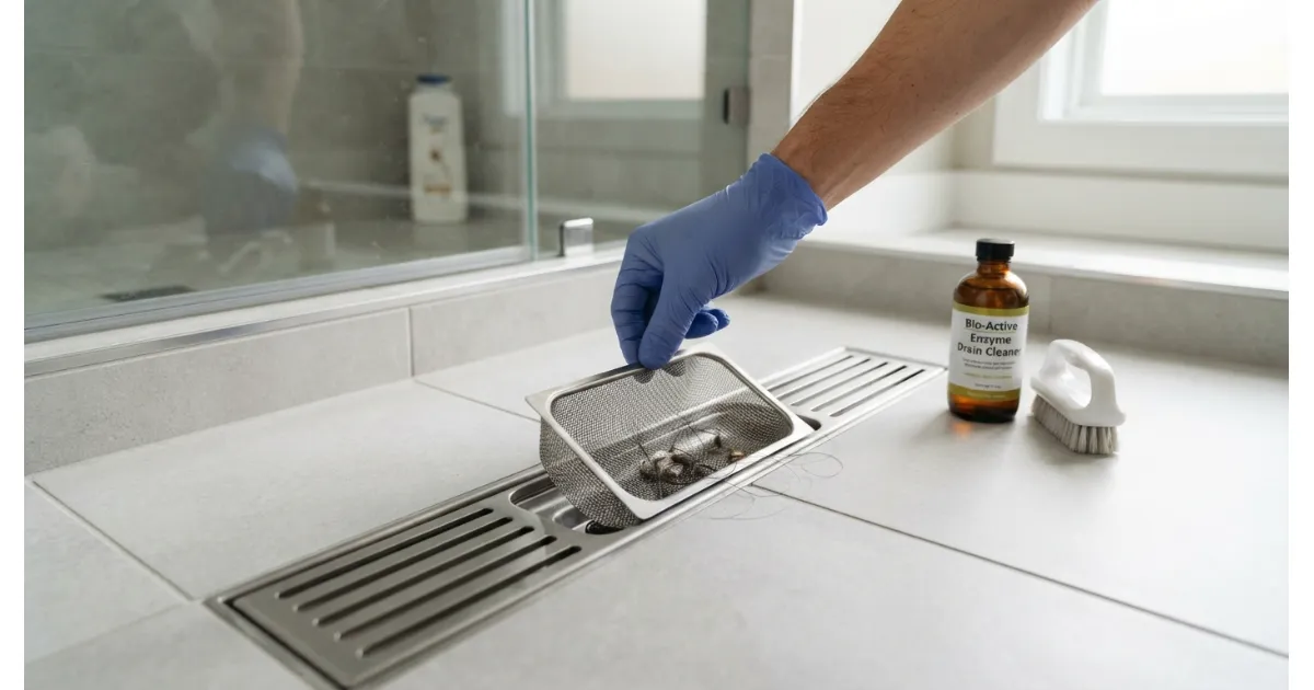 A practical visual guide demonstrating effective methods and tools for preventing shower drain clogs, including a hair catcher and regular cleaning, set within a clean, well-lit bathroom shower.