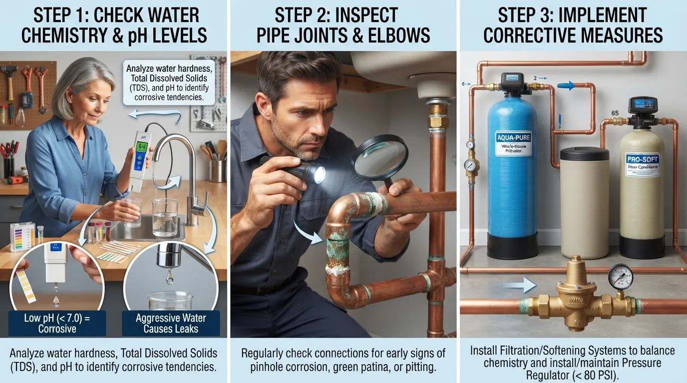 A close-up view of a professional plumber inspecting residential copper pipes for corrosion and pinhole leaks, using a flashlight and digital testing equipment.