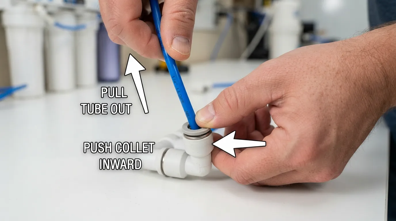 Close-up view of fingers pressing the collet ring of a push-to-connect fitting to release the plastic tubing without using tools.