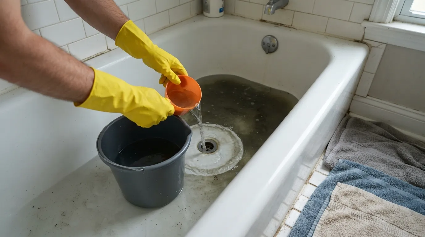 Person wearing rubber gloves using a plastic cup to bail out standing water from a clogged bathtub before clearing the drain.