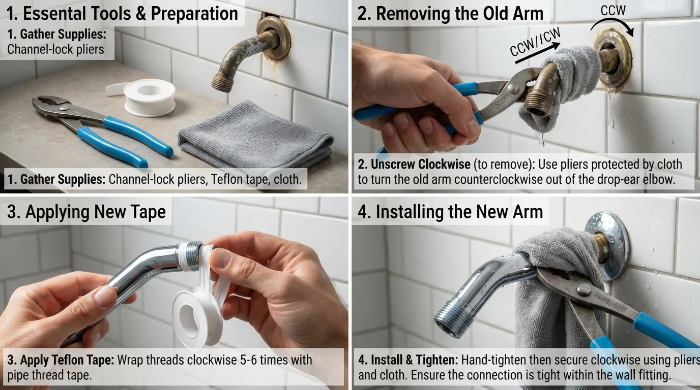 Step-by-step visual guide showing tools and the process to unscrew an old shower arm and install a new replacement pipe in a bathroom wall.