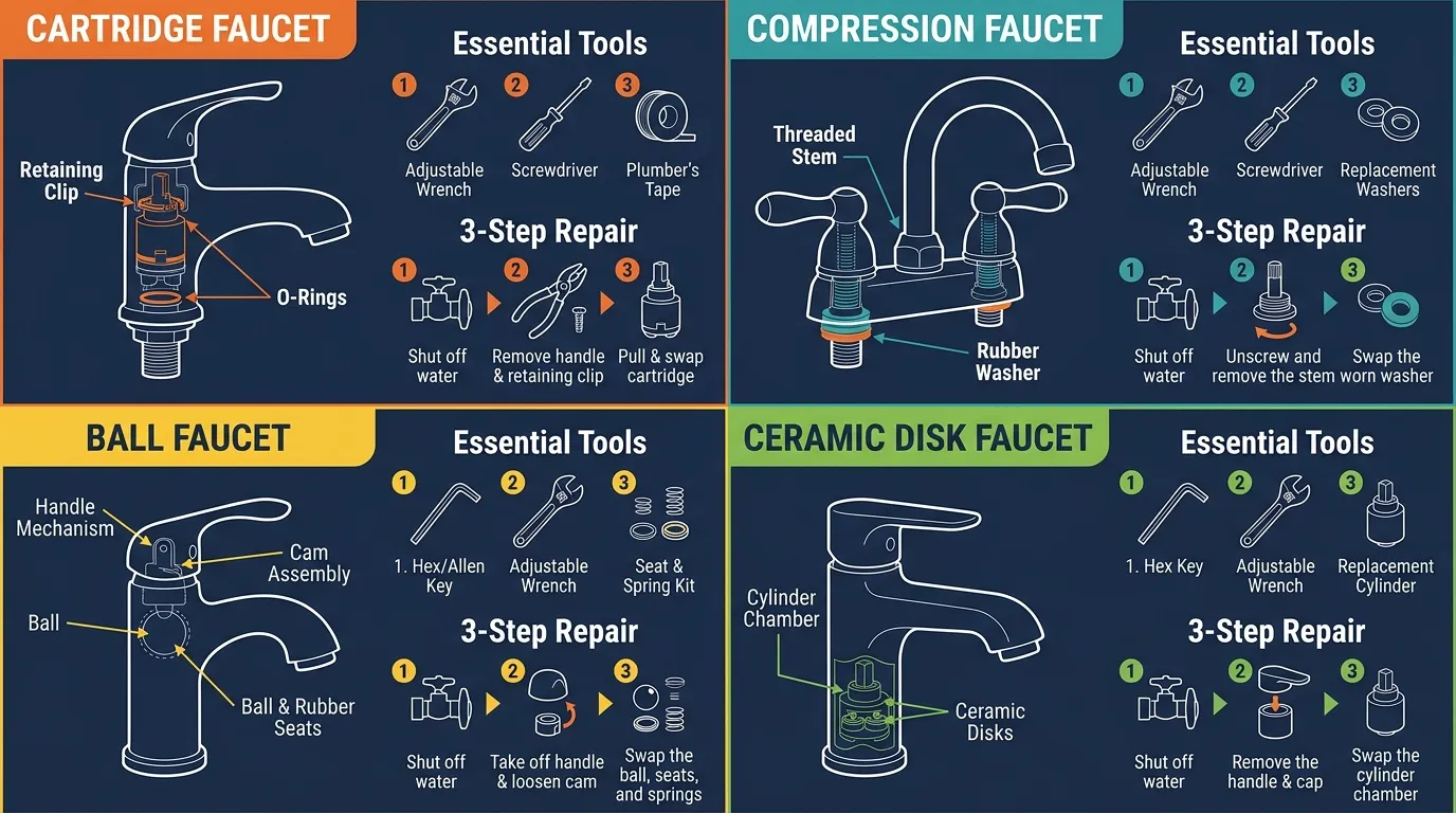 Step-by-step visual guide showing tools and replacement procedures for cartridge, compression, ball, and ceramic disk faucets.