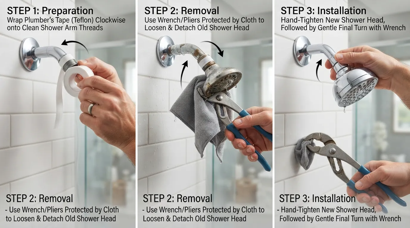 Close-up of a person using pliers with a protective cloth to unscrew an old shower head from the shower arm pipe.