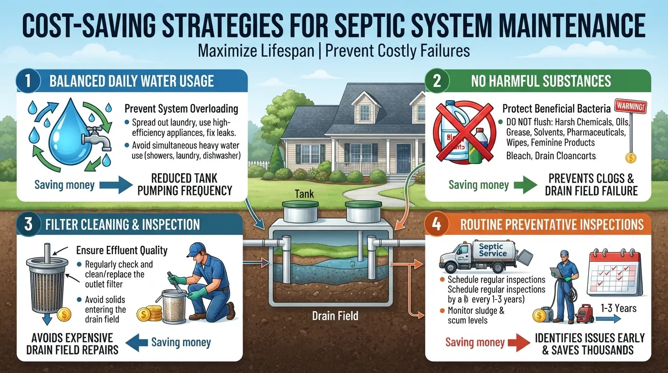 Infographic showing practical maintenance tips to reduce septic tank pumping costs, including water conservation and drain field care.