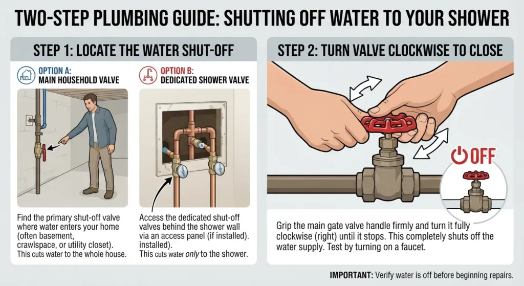 Close-up of a person turning off the main water supply valve and locating the shower access panel to shut off water to a shower.