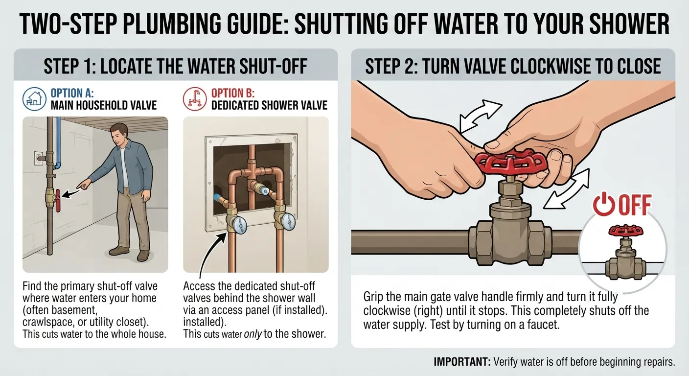 Close-up of a person turning off the main water supply valve and locating the shower access panel to shut off water to a shower.