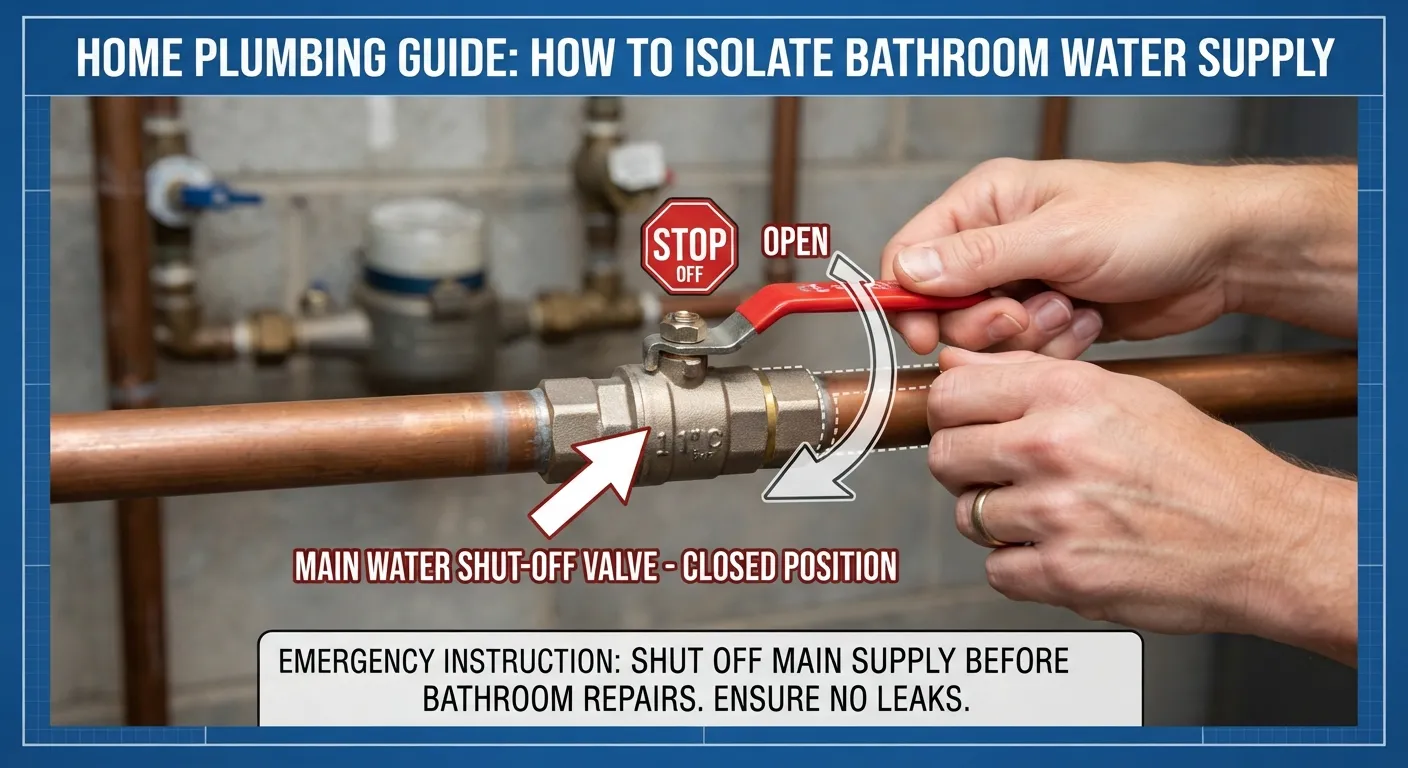 A plumber's hands using a wrench to turn off the main water supply valve in a basement, representing how to shut off water to a shower with no individual valve.