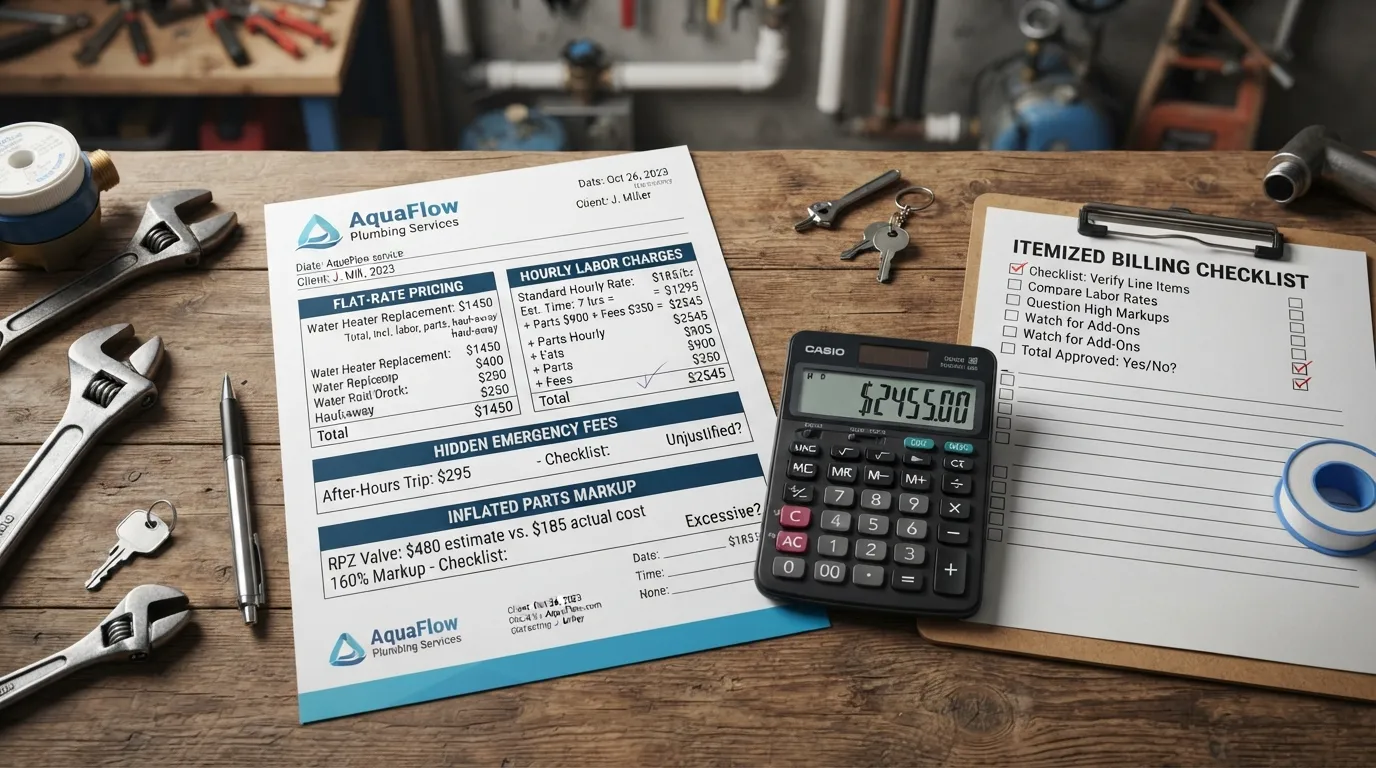 Detailed invoice breakdown and fair pricing checklist comparing standard plumbing service rates to spot inflated contractor fees.