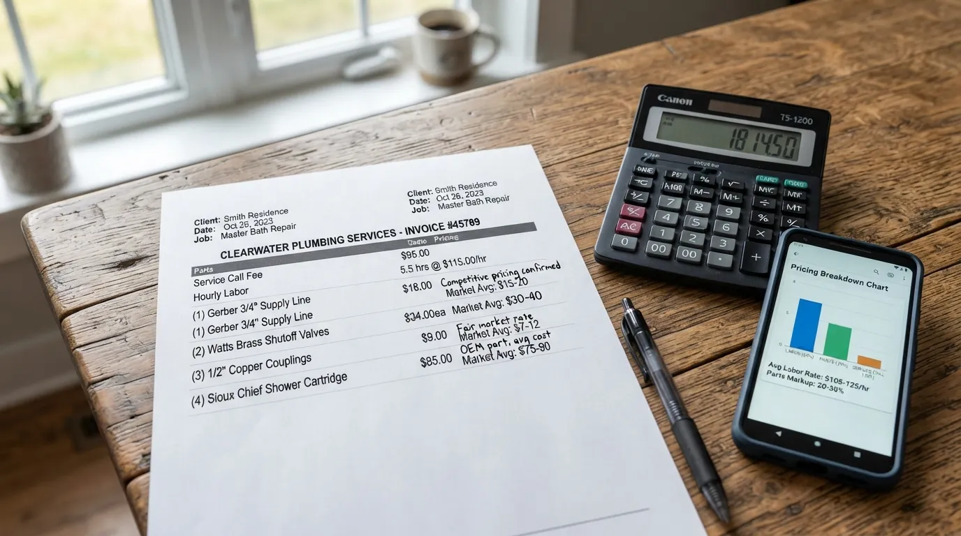 A homeowner reviewing a detailed plumbing repair invoice while comparing standard labor rates and itemized parts costs at a kitchen table.