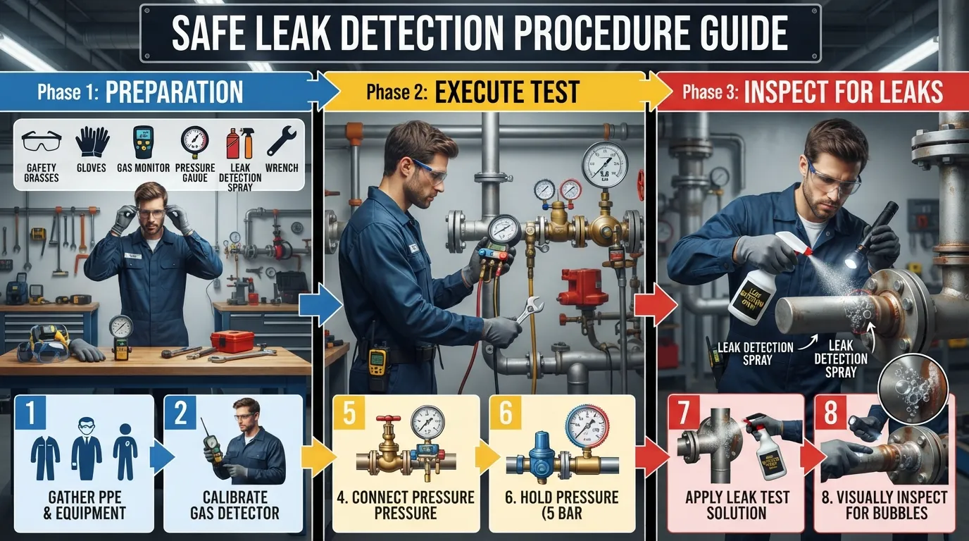 A step-by-step visual guide showing how to properly perform a safe leak test using basic tools in a residential area.