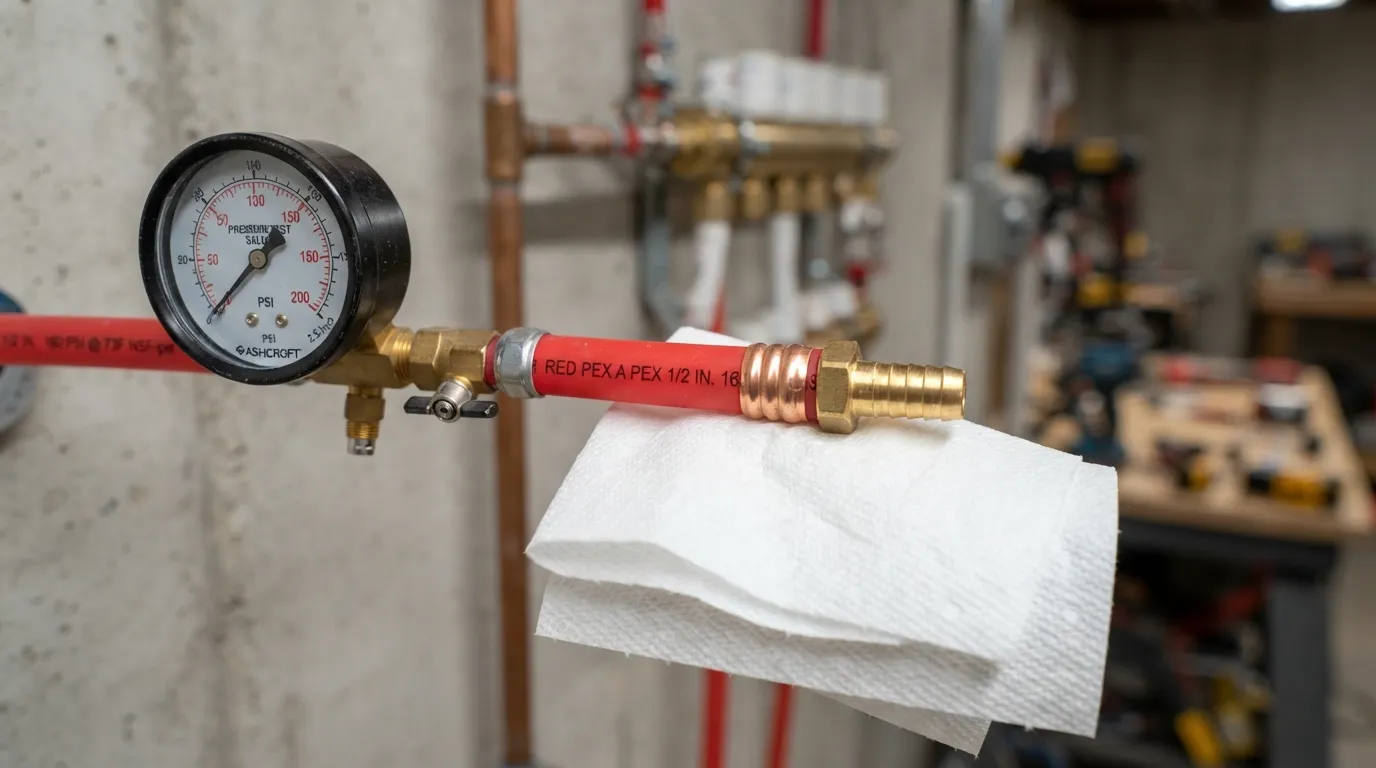 Close-up of hands inspecting a PEX pipe crimp connection and pressure gauge to check for water leaks.