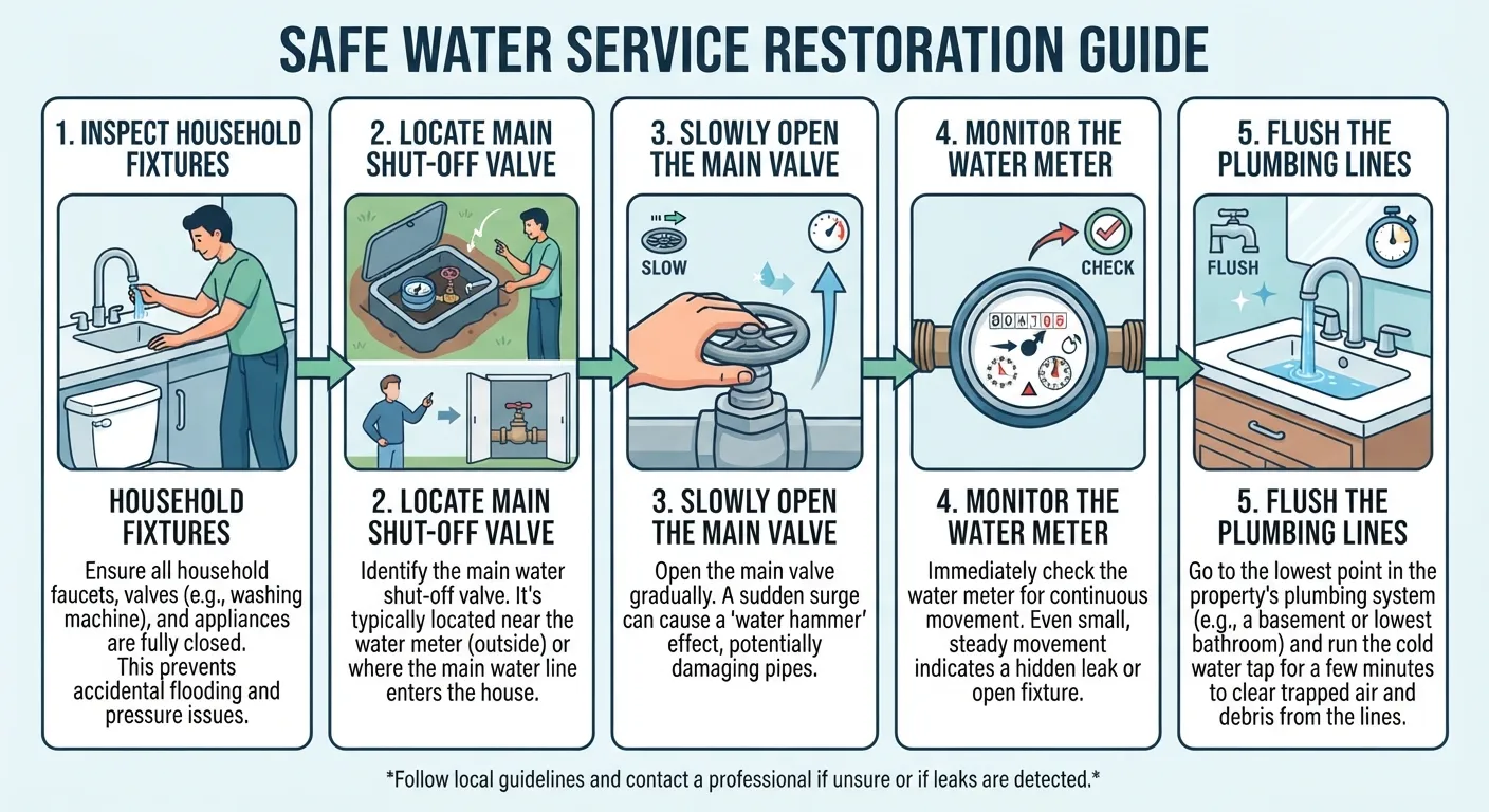 Step-by-step visual guide showing a person safely turning on the main water supply valve while checking for leaks.