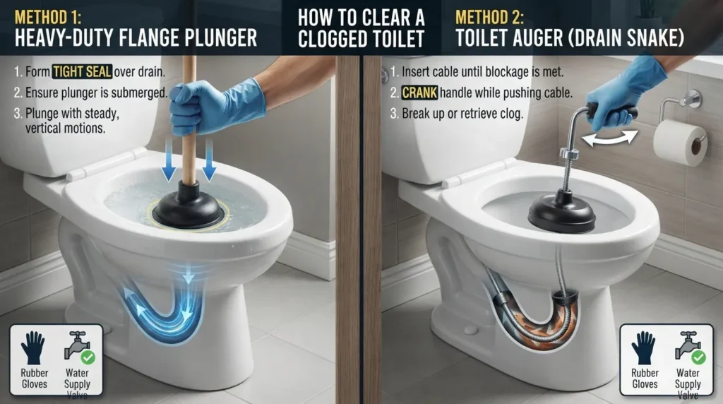 Step-by-step visual guide showing a flange plunger and a toilet auger clearing a clogged toilet safely.