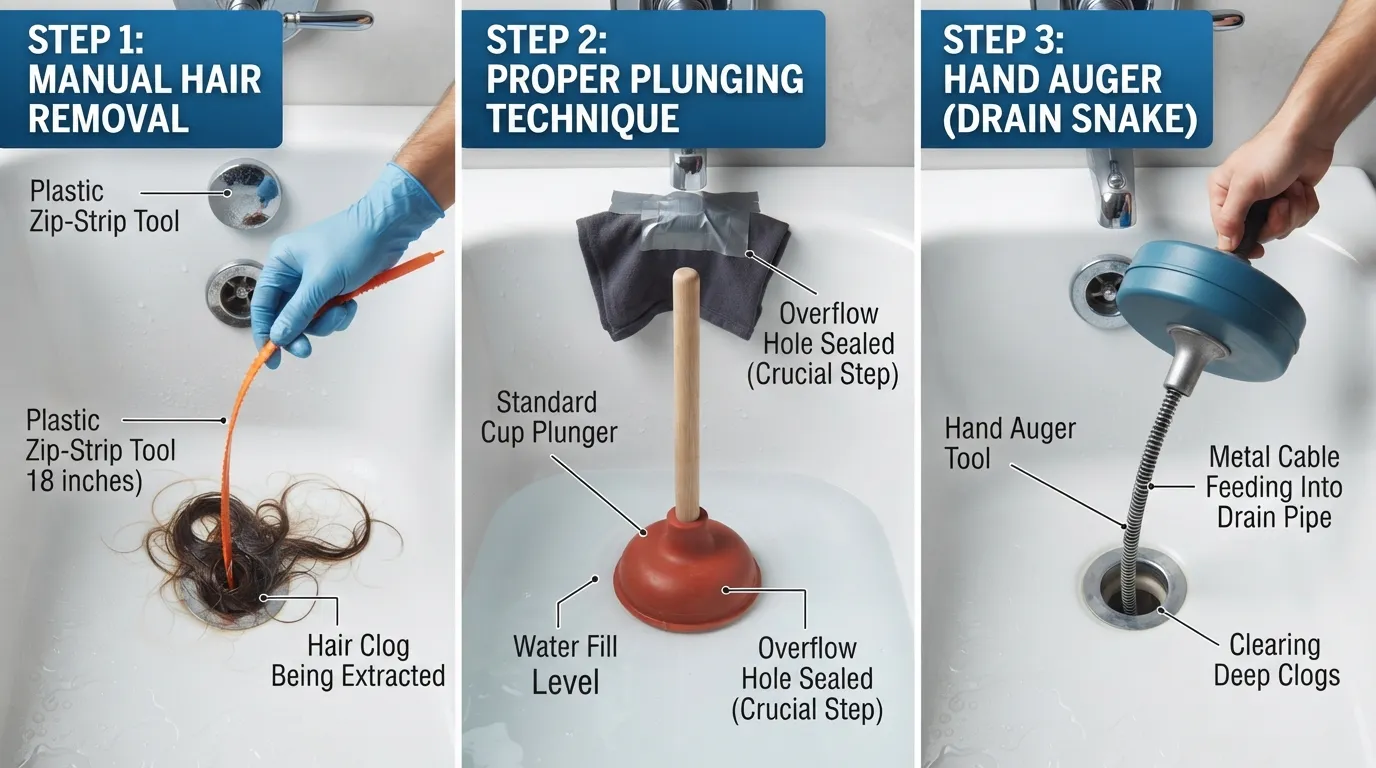 Step-by-step visual guide showing tools and methods to unclog a bathtub drain, including a plunger, drain snake, and hair removal tool.
