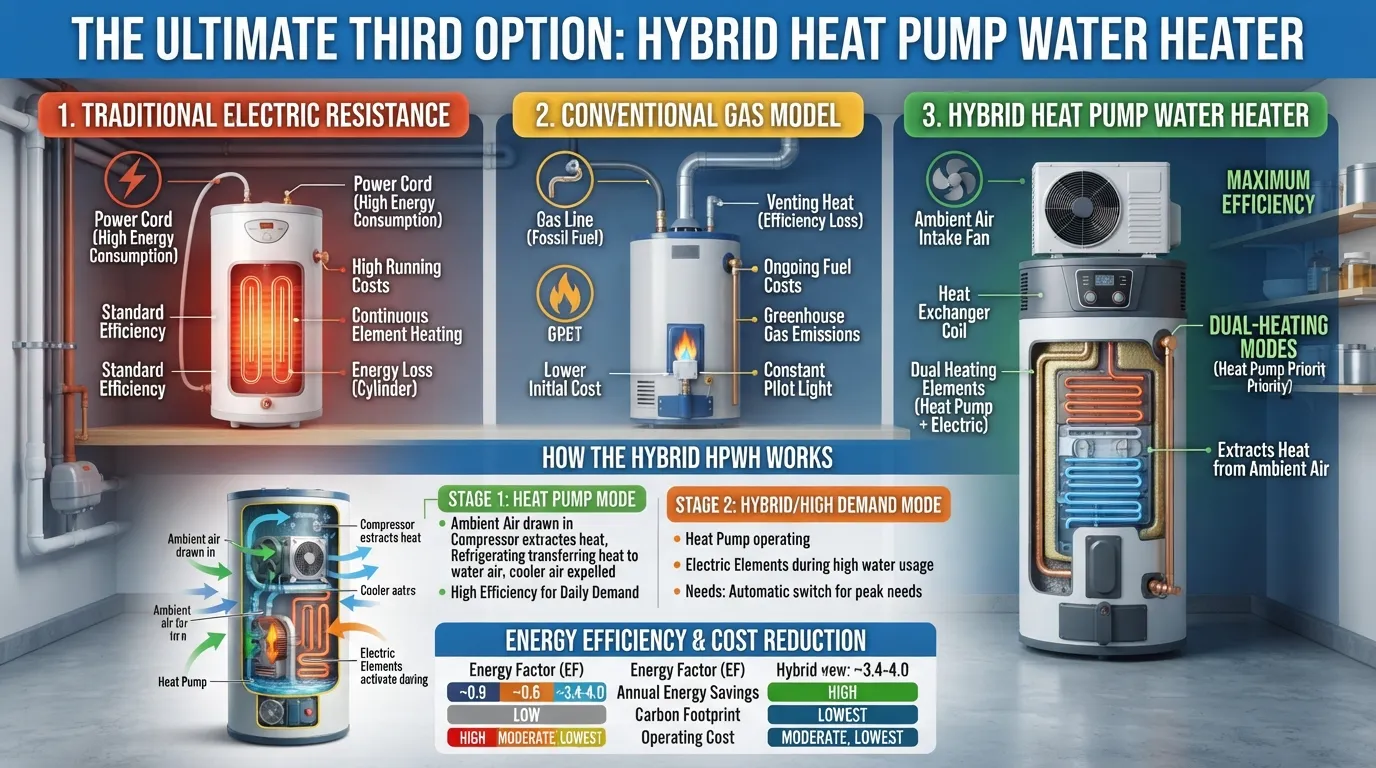 A clear diagram illustrating a hybrid heat pump water heater positioned as an efficient third option alongside traditional gas and electric water heating models.