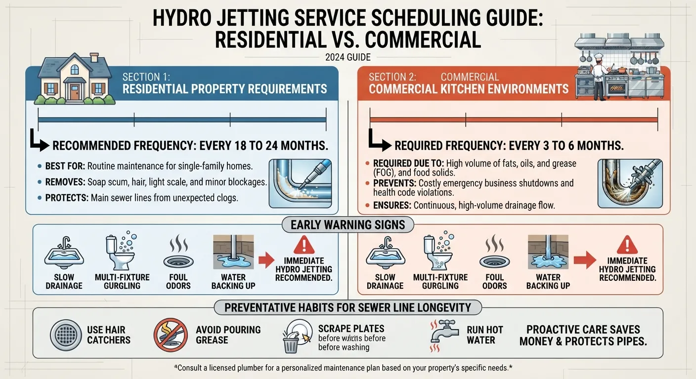 Infographic chart outlining hydro jetting maintenance frequency for residential homes and commercial kitchens.