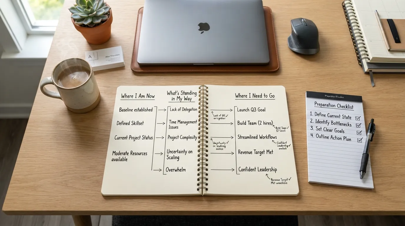 A person sitting at a desk with a notebook, mapping out their current status, challenges, and goals into a clear visual assessment checklist.
