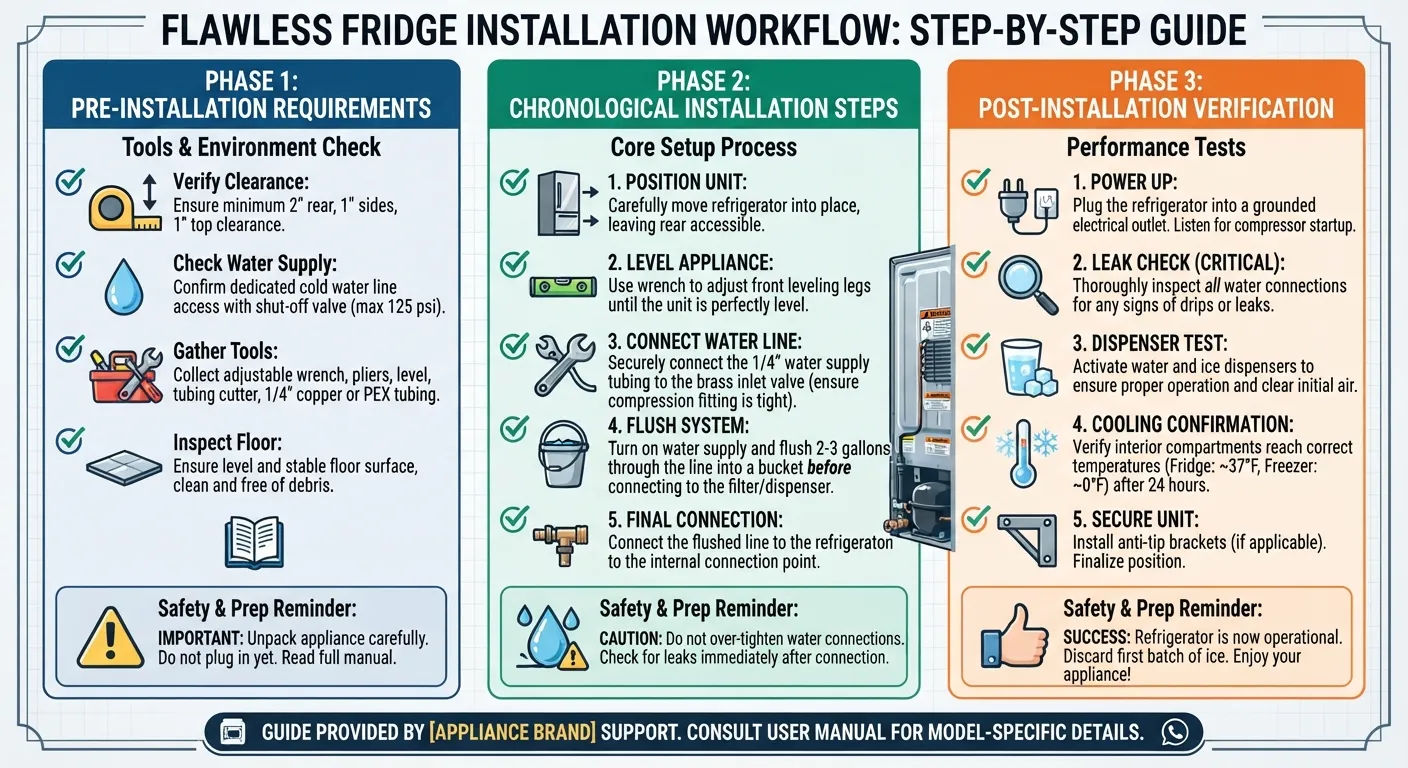 A comprehensive installation checklist graphic featuring pre-requisite steps, required tools, and verification checkmarks for a successful setup.
