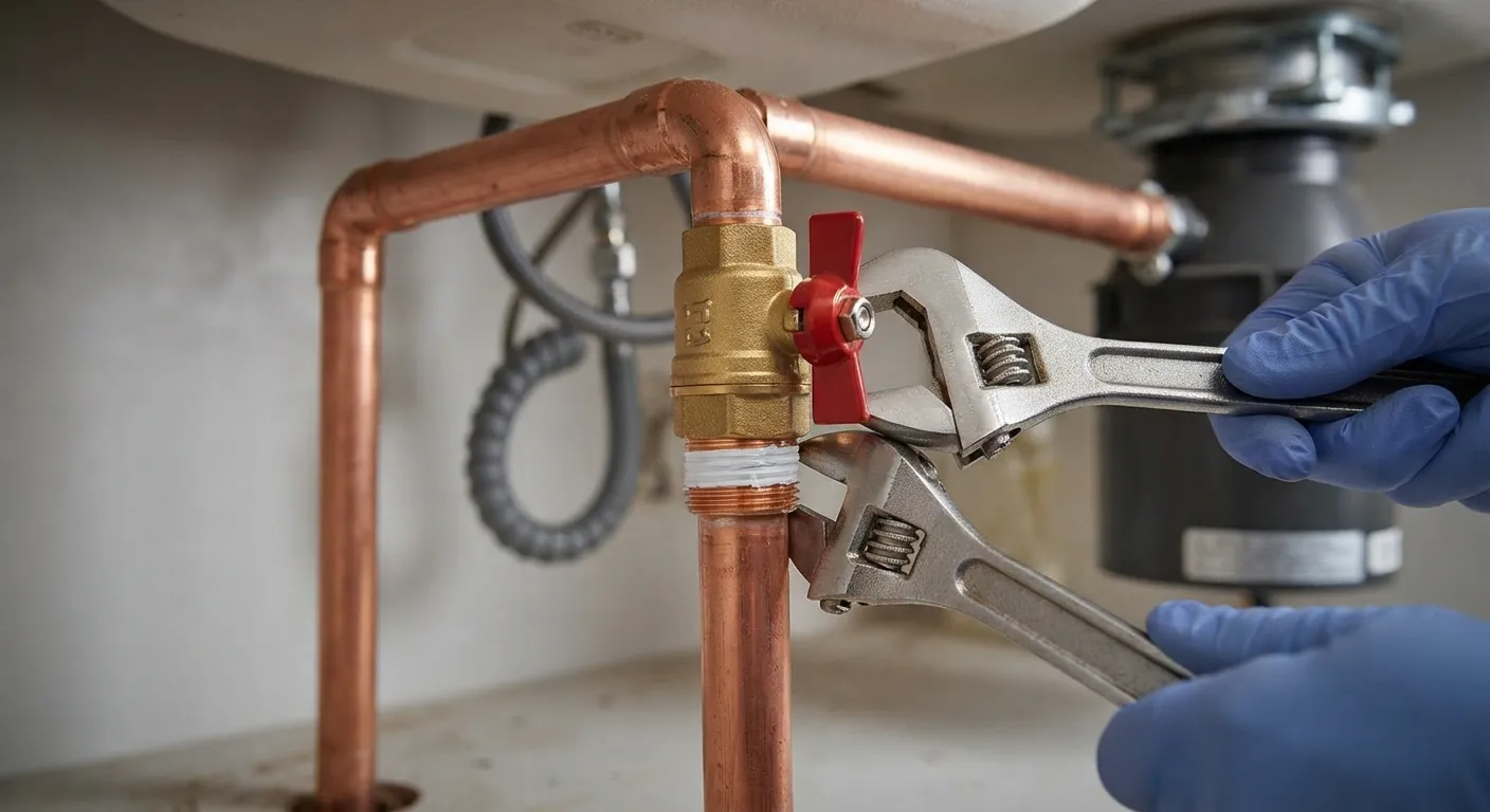 A plumber using a wrench to install a dedicated brass water shut-off valve onto a copper supply pipe under a sink.