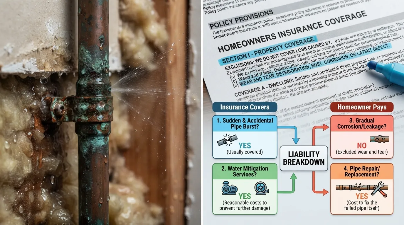 A homeowner reviewing a home insurance policy document next to a copper pipe showing an active pinhole water leak, illustrating coverage eligibility and liability.