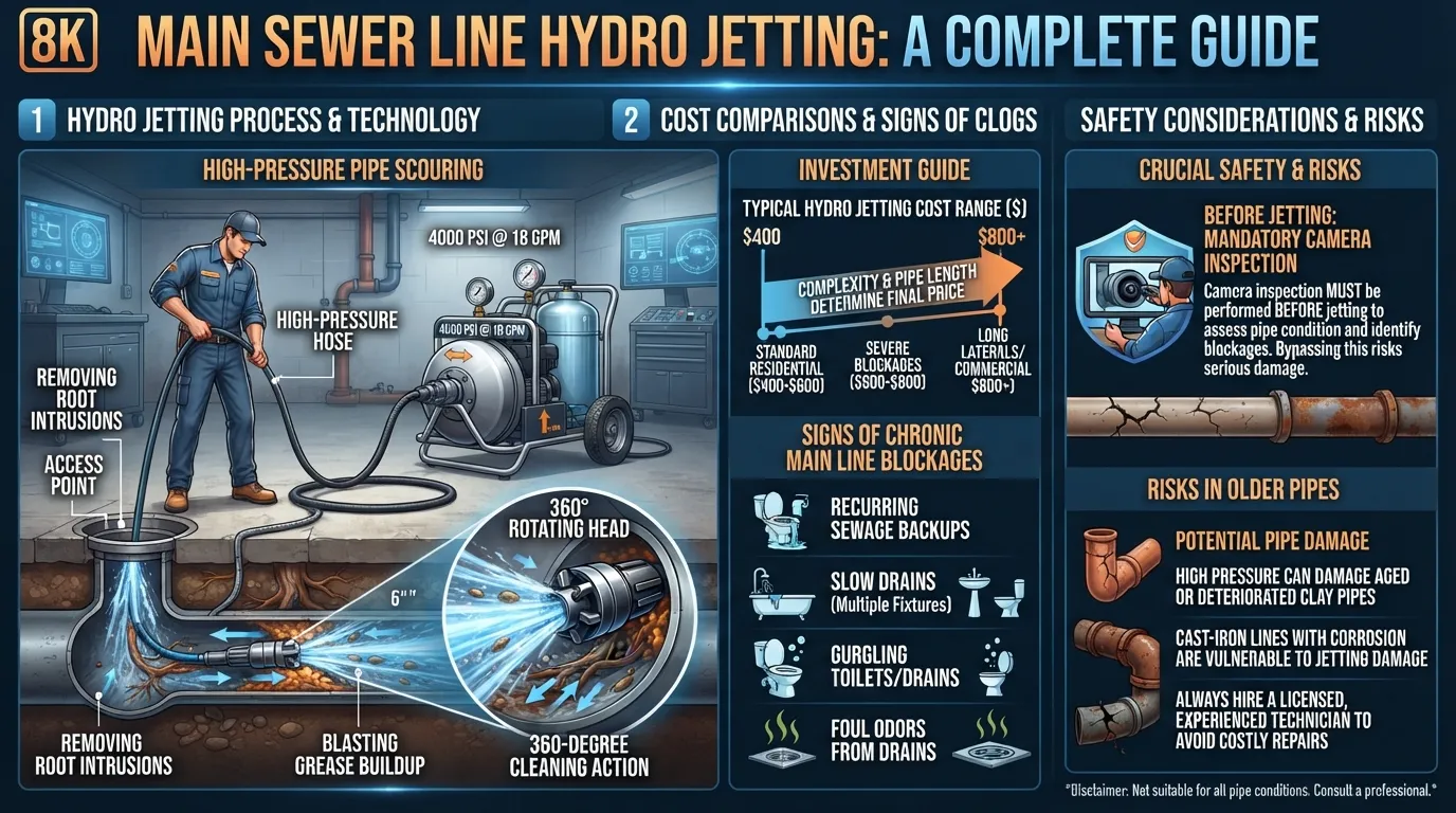 Infographic explaining hydro jetting mechanics, costs, pros, cons, and signs that a main sewer line needs high-pressure water cleaning.