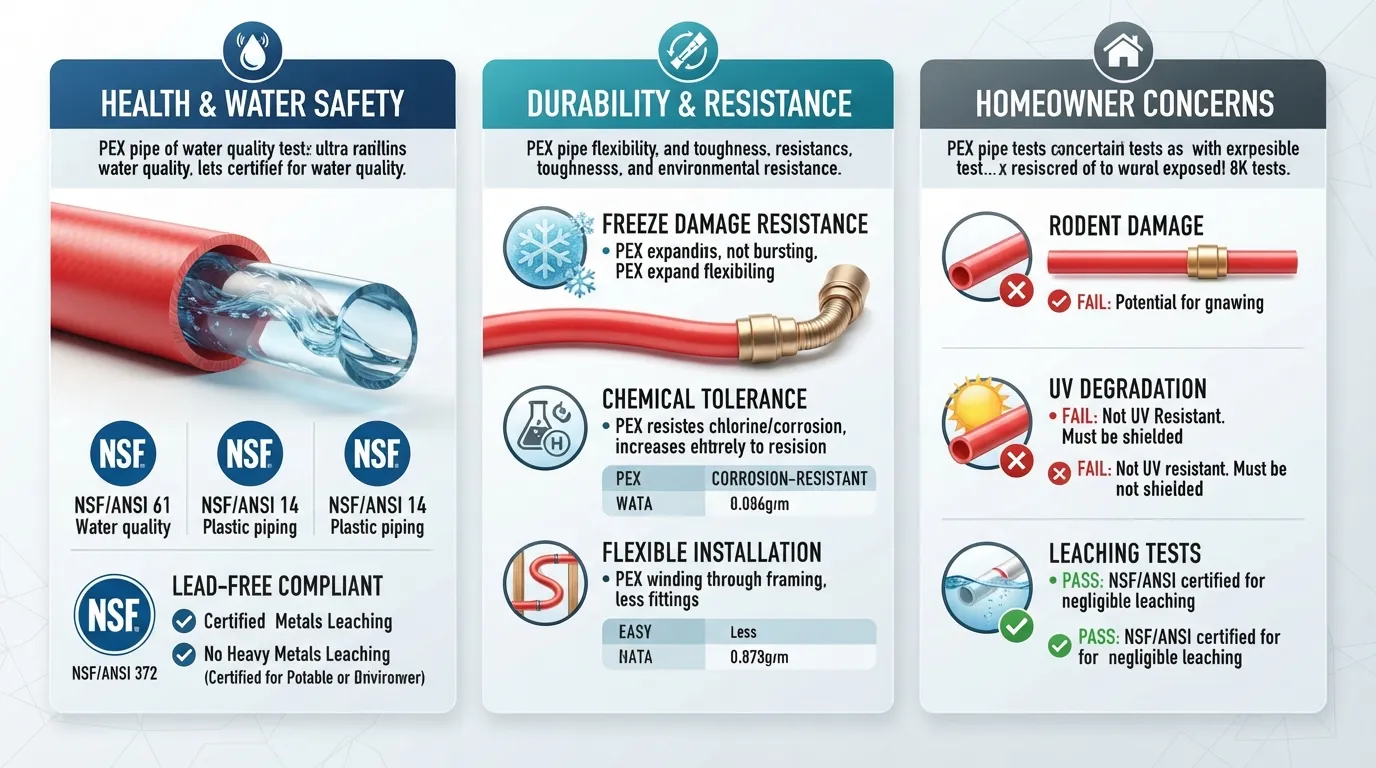 Infographic and plumbing chart addressing common safety concerns of PEX piping, including chemical leaching, durability, and health standards.